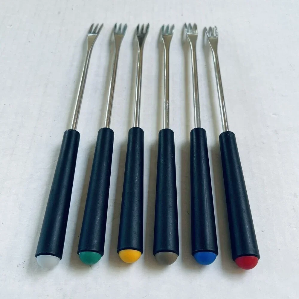 Vintage Set of 6 Stainless Steel Fondue Forks Black Handle Color Coded Retro